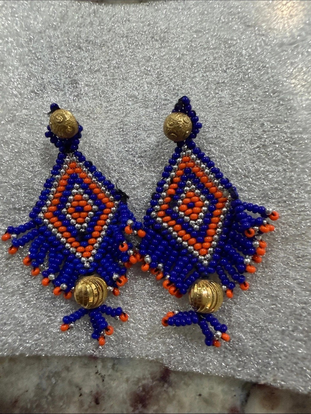 Beaded Geometric Drop Earrings in Blue & Orange